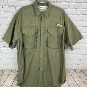 Vintage Columbia Sportswear PFG Large Green Nylon Vented Fishing Shirt EUC